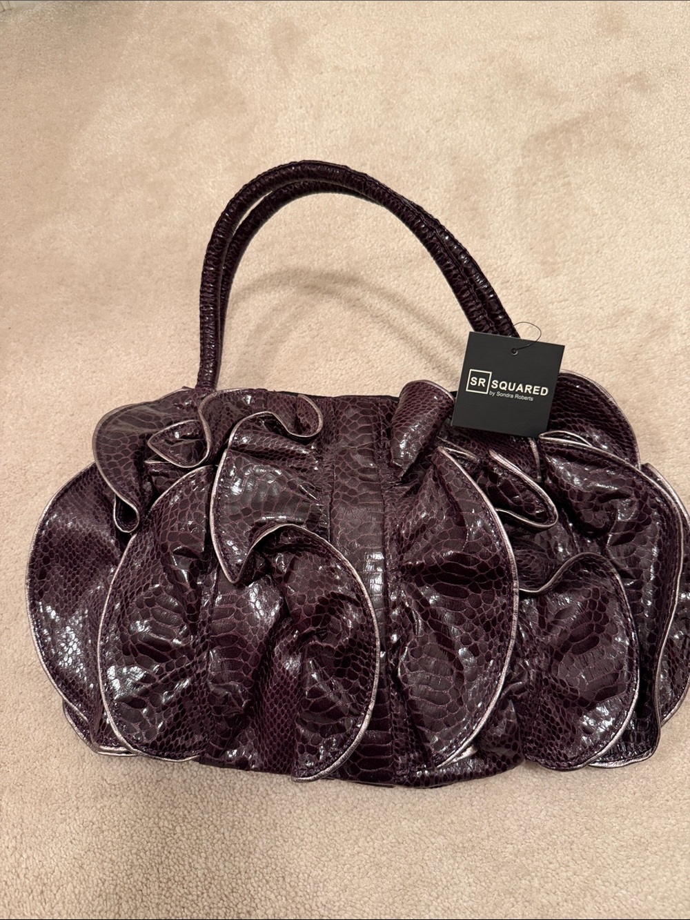 NWT Sondra Roberts Deep Plum Snakeskin-Print Leather Ruffle Shoulder Bag
